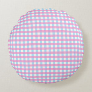 Pastel Pink Blue Gingham Plaid Round Cushion