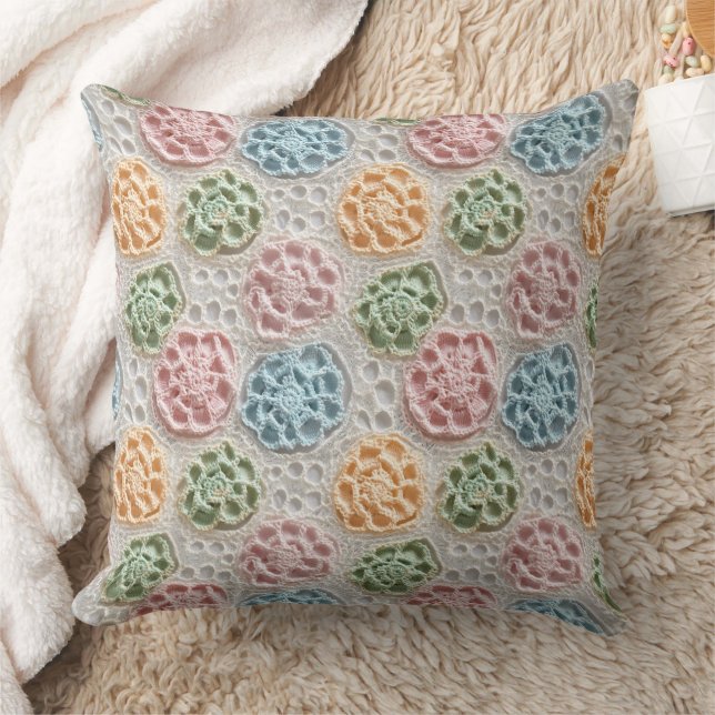 Pastel Pink Blue Green Orange Crochet Look Cushion (Blanket)