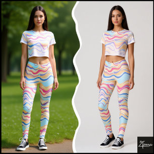 Pastel Pink Blue Horizontal Flowing Wave Pattern Leggings