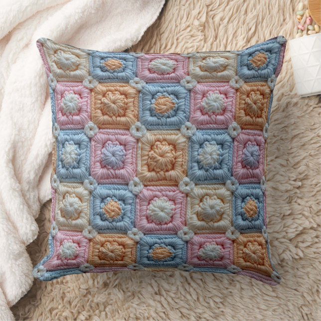 Pastel Pink Blue Ivory Orange Crochet Look Cushion (Blanket)