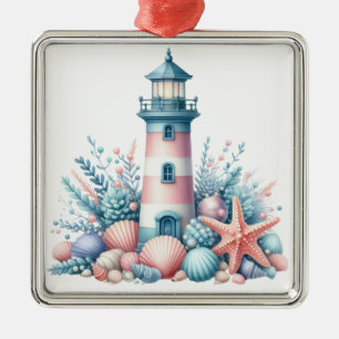 PASTEL PINK & BLUE NAUTICAL CHRISTMAS LIGHTHOUSE METAL ORNAMENT