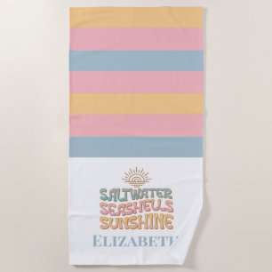 Pastel Pink Blue Orange Retro Coastal Custom Name Beach Towel