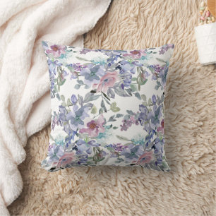 Pastel Pink Blue Purple Flowers White Cushion
