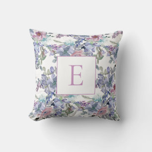 Pastel Pink Blue Purple Flowers White Monogram Cushion