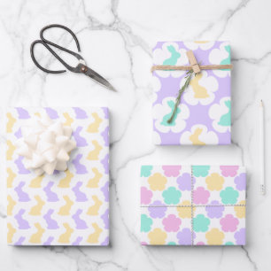 PASTEL PINK BLUE PURPLE GREEN EASTER BUNNIES WRAPPING PAPER SHEET