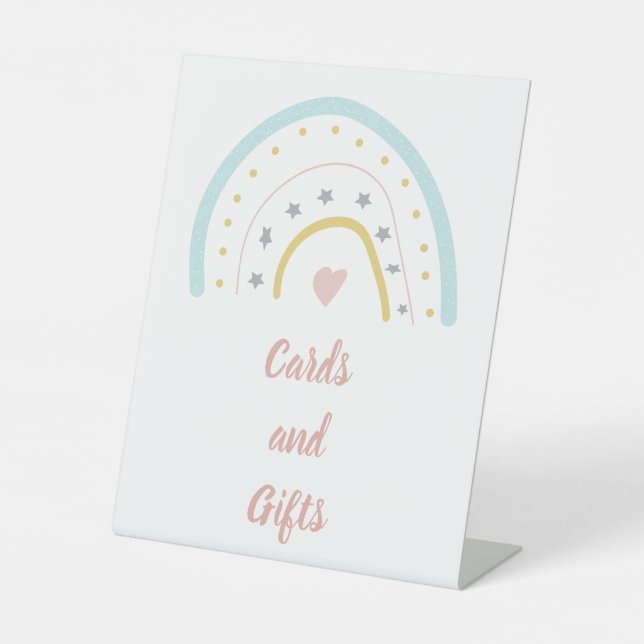 Pastel Pink Blue Rainbow Cards and gifts Birthday  Pedestal Sign (Front)