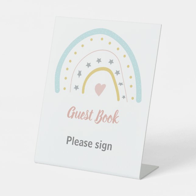 Pastel Pink Blue Rainbow Guest Book Birthday Party Pedestal Sign (Front)
