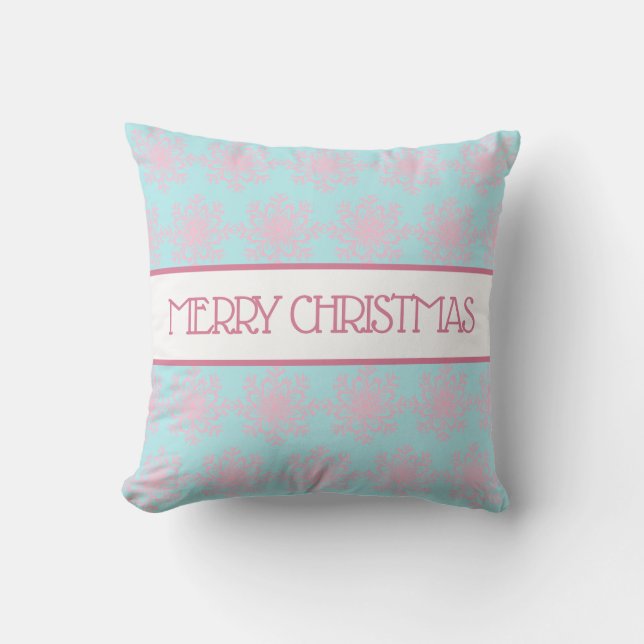 Pastel Pink Blue Snowflakes Merry Christmas Cushion (Front)