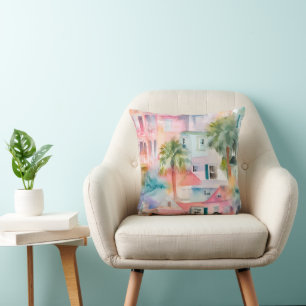 Pastel Pink Blue Watercolor Houses Palm Trees Cushion