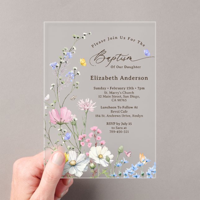 Pastel Pink & Blue Whimsical Wildflower Baptism Acrylic Invitations (Insitu (Handheld))