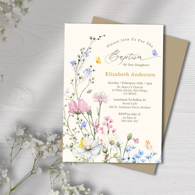 Pastel Pink & Blue Whimsical Wildflower Baptism Invitation (Pastel Pink & Blue Whimsical Wildflower Baptism Invitation)