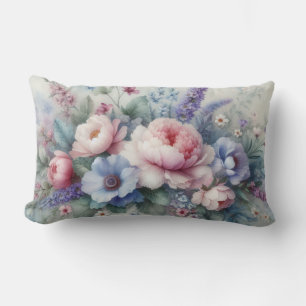 PASTEL PINK BLUE & WHITE FLORAL BLOOMS LUMBAR CUSHION