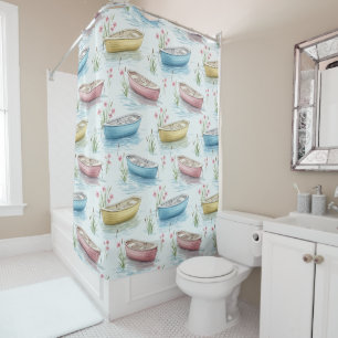 PASTEL PINK BLUE YELLOW ROWBOATS ON THE WATER SHOWER CURTAIN