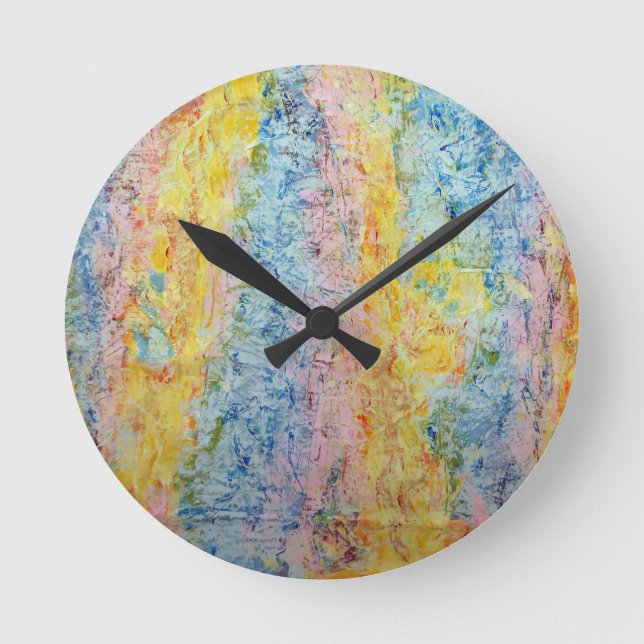 Pastel Pink Blue Yellow Textured Modern Abstract Round Clock (Front)