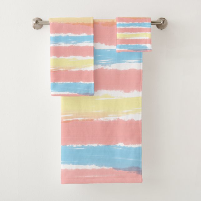 Pastel Pink Blue Yellow Watercolor Stripes Bath Towel Set (Insitu)
