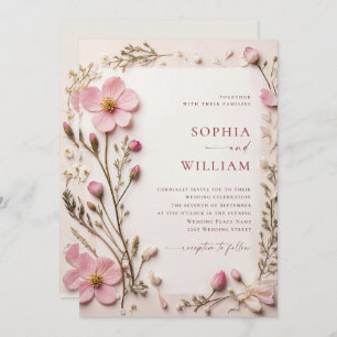 Pastel Pink Blush Boho Wildflowers Wedding Invitation