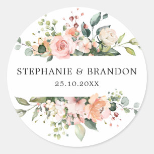 Pastel Pink Blush Rose Floral Botanical Wedding Classic Round Sticker