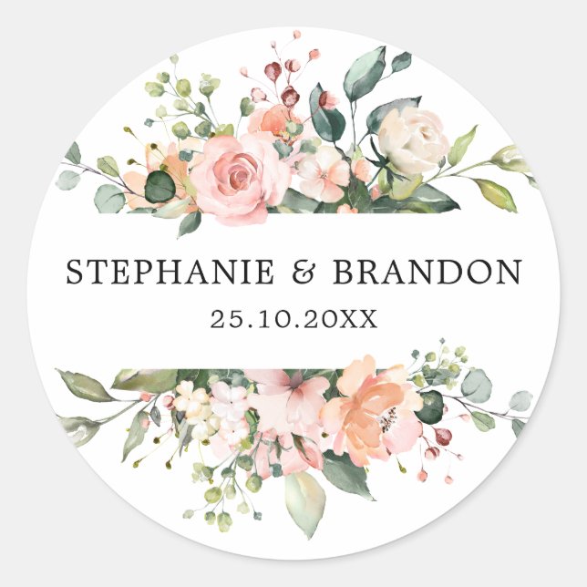 Pastel Pink Blush Rose Floral Botanical Wedding Classic Round Sticker (Front)