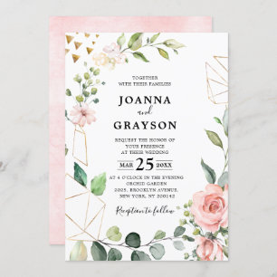 Pastel Pink Blush Rose Floral Botanical Wedding Invitation
