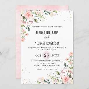 Pastel Pink Blush Rose Floral Botanical Wedding Invitation