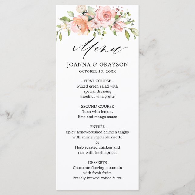 Pastel Pink Blush Rose Floral Botanical Wedding Menu (Front)