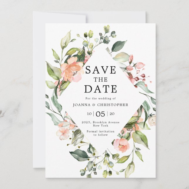 Pastel Pink Blush Rose Floral Botanical Wedding Save The Date (Front)
