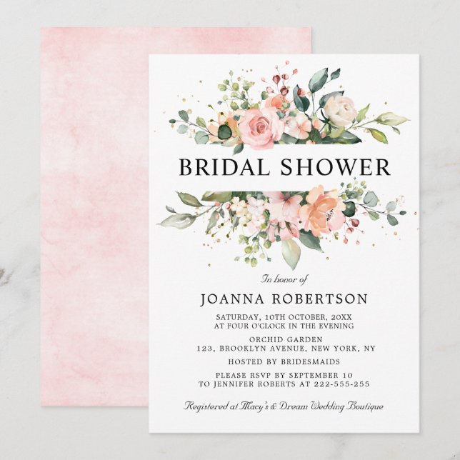Pastel Pink Blush Rose Floral Bridal Shower Invitation (Front/Back)