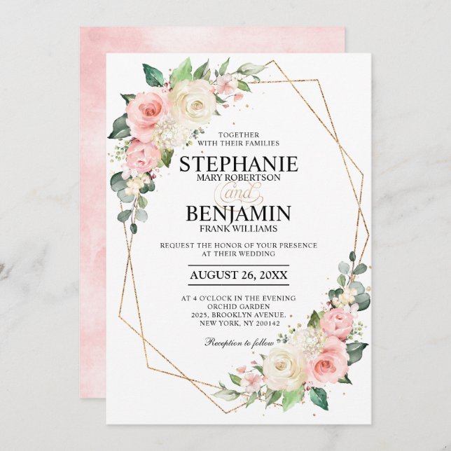 Pastel Pink Blush Rose Floral Geometric Wedding Invitation (Front/Back)