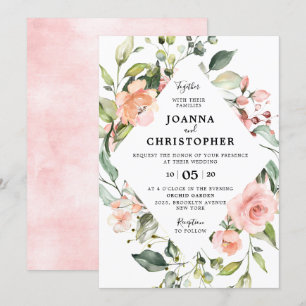 Pastel Pink Blush Rose Floral Geometric Wedding Invitation