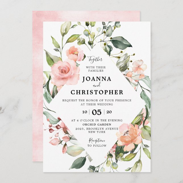Pastel Pink Blush Rose Floral Geometric Wedding Invitation (Front/Back)