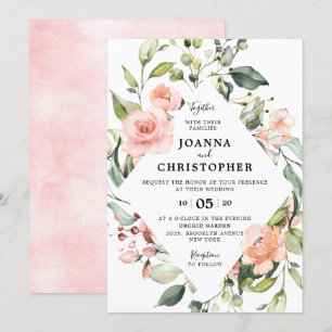 Pastel Pink Blush Rose Floral Geometric Wedding Invitation