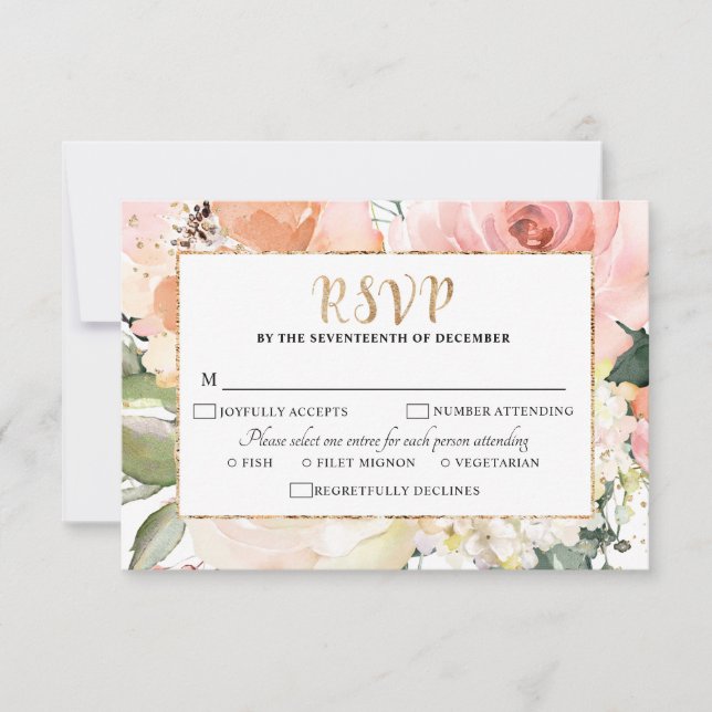 Pastel Pink Blush Rose Floral Geometric Wedding RSVP Card (Front)