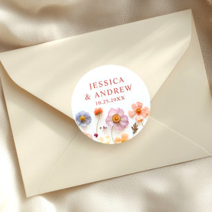 Pastel Pink Bohemian Wildflowers Wedding  Classic Round Sticker