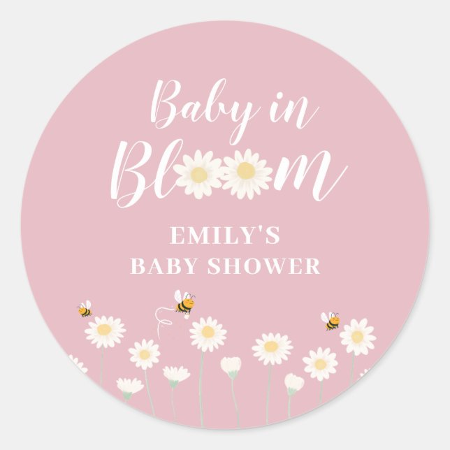 Pastel Pink Boho Daisy Floral Baby In Bloom Shower Classic Round Sticker (Front)