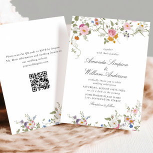 Pastel Pink Boho Floral Wildflowers Wedding QR Invitation