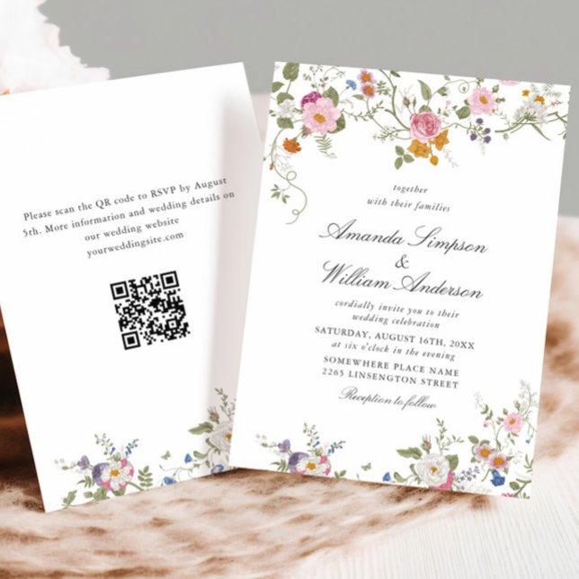 Pastel Pink Boho Floral Wildflowers Wedding QR Invitation (Creator Uploaded)