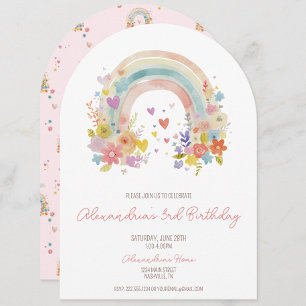 Pastel Pink Boho Rainbow Floral 3rd Birthday Invitation