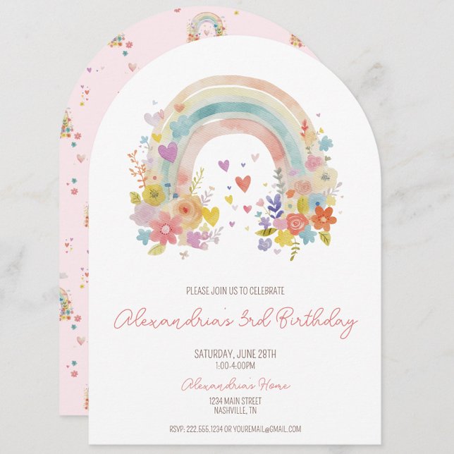 Pastel Pink Boho Rainbow Floral 3rd Birthday Invitation (Magical rainbow birthday invitation, boho pastel invite, whimsical 3rd birthday, kids party invite.)