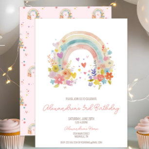 Pastel Pink Boho Rainbow Floral 3rd Birthday Invitation