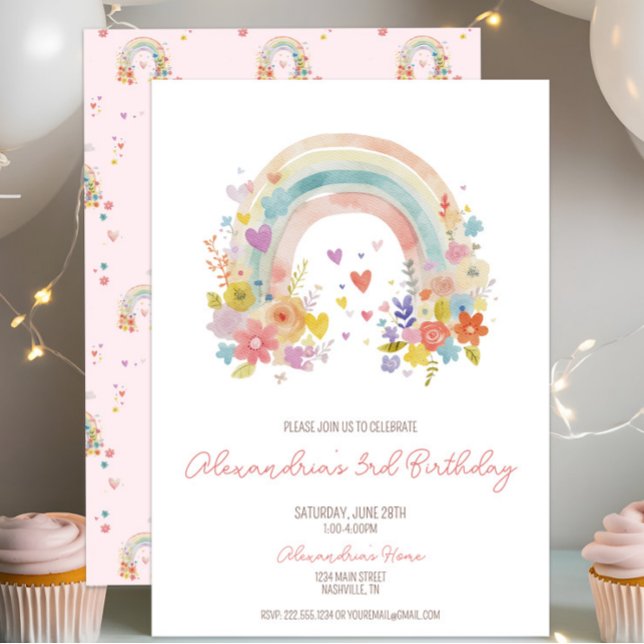 Pastel Pink Boho Rainbow Floral 3rd Birthday Invitation (Creator Uploaded)