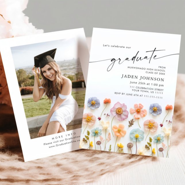Pastel Pink Boho Wildflower Graduation Party Photo Invitation (Creator Uploaded)