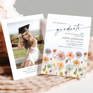Pastel Pink Boho Wildflower Graduation Party Photo Invitation