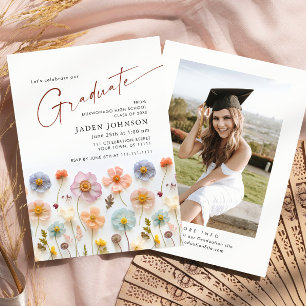 Pastel Pink Boho Wildflower Graduation Party Photo Invitation