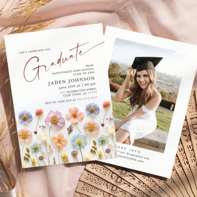 Pastel Pink Boho Wildflower Graduation Party Photo Invitation (Creator Uploaded)