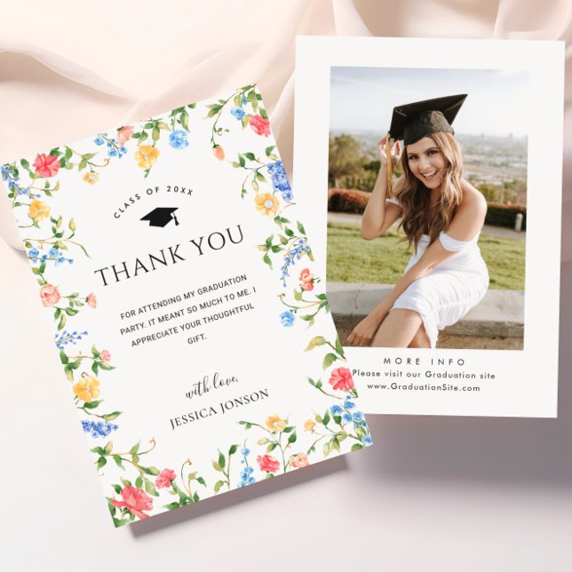 Pastel Pink Boho Wildflowers PHOTO Graduation Thank You Card (Creator Uploaded)