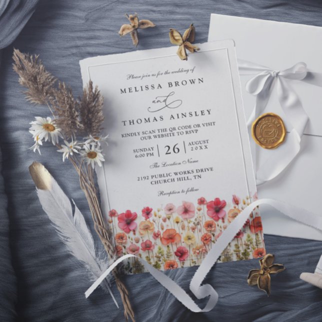 Pastel Pink Boho Wildflowers QR Code Wedding Invitation (Creator Uploaded)