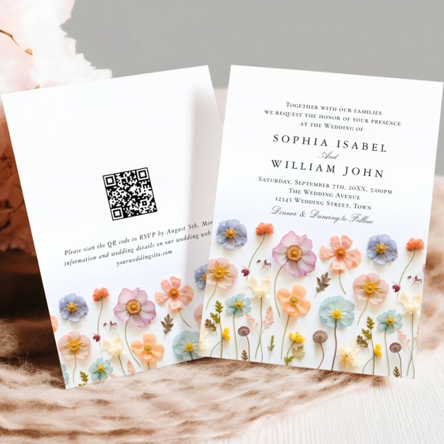 Pastel Pink Boho Wildflowers Wedding QR code Invitation (Creator Uploaded)