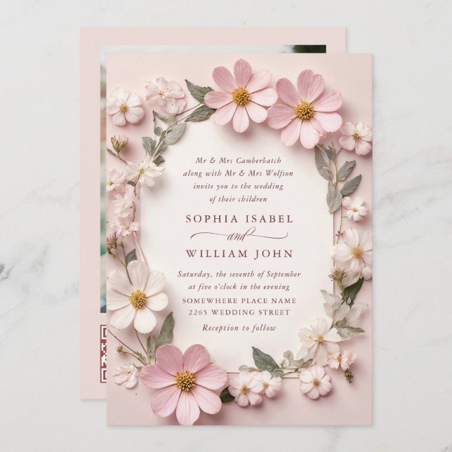 Pastel Pink Boho Wildflowers Wedding QR code Photo Invitation (Front/Back)