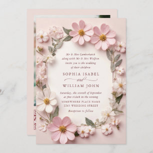 Pastel Pink Boho Wildflowers Wedding QR code Photo Invitation