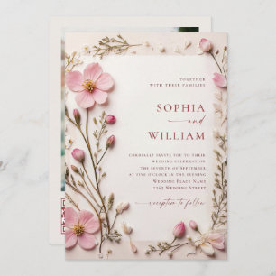 Pastel Pink Boho Wildflowers Wedding QR code Photo Invitation